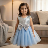 Children's dress with silver sequin top and blue tulle skirt