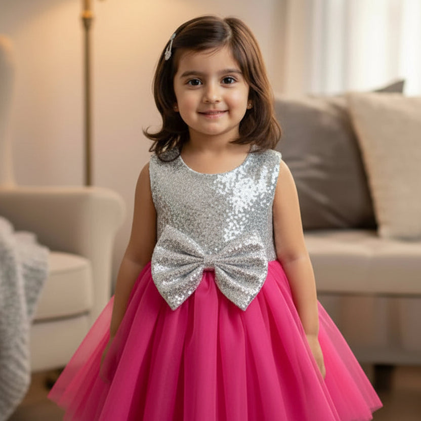Young girl in a hot pink and silver dress with a bow standing in a living room.