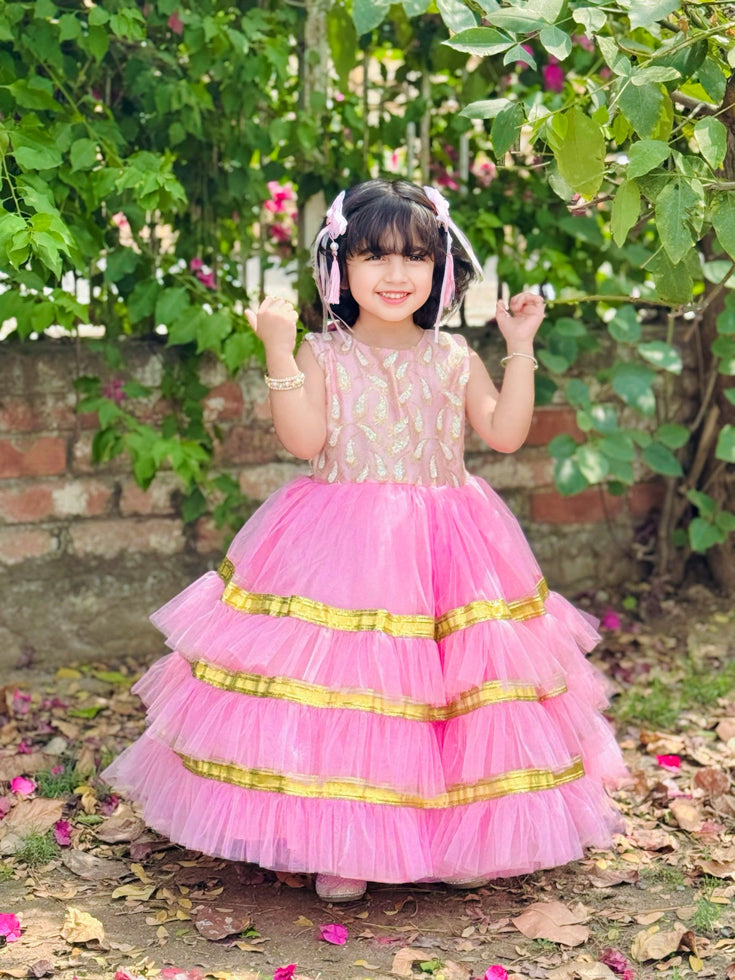 Elegant Sequin Bodice Sleeveless Frock with Net Frills & Gota Work Border – Perfect for Pageants, Parties & Weddings