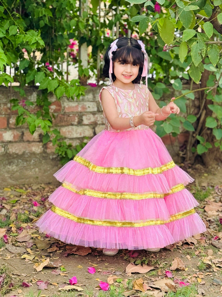 Elegant Sequin Bodice Sleeveless Frock with Net Frills & Gota Work Border – Perfect for Pageants, Parties & Weddings