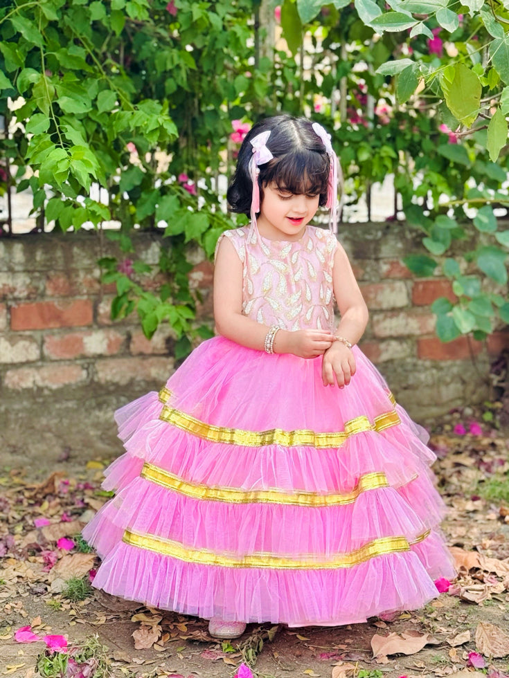 Elegant Sequin Bodice Sleeveless Frock with Net Frills & Gota Work Border – Perfect for Pageants, Parties & Weddings