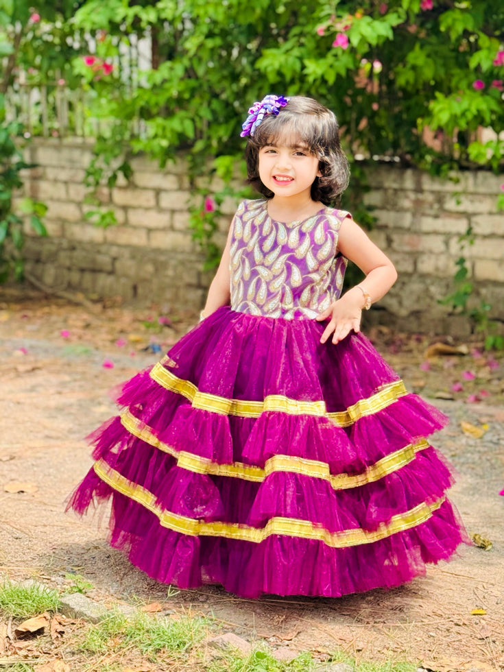 Elegant Sequin Bodice Sleeveless Frock with Net Frills & Gota Work Border – Perfect for Pageants, Parties & Weddings