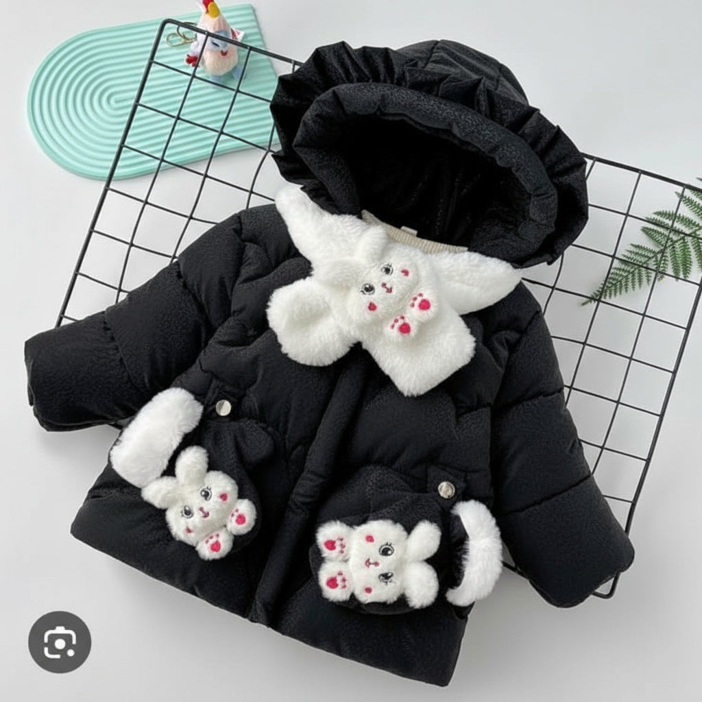Children's black coat with white fur trim and cartoon character design.