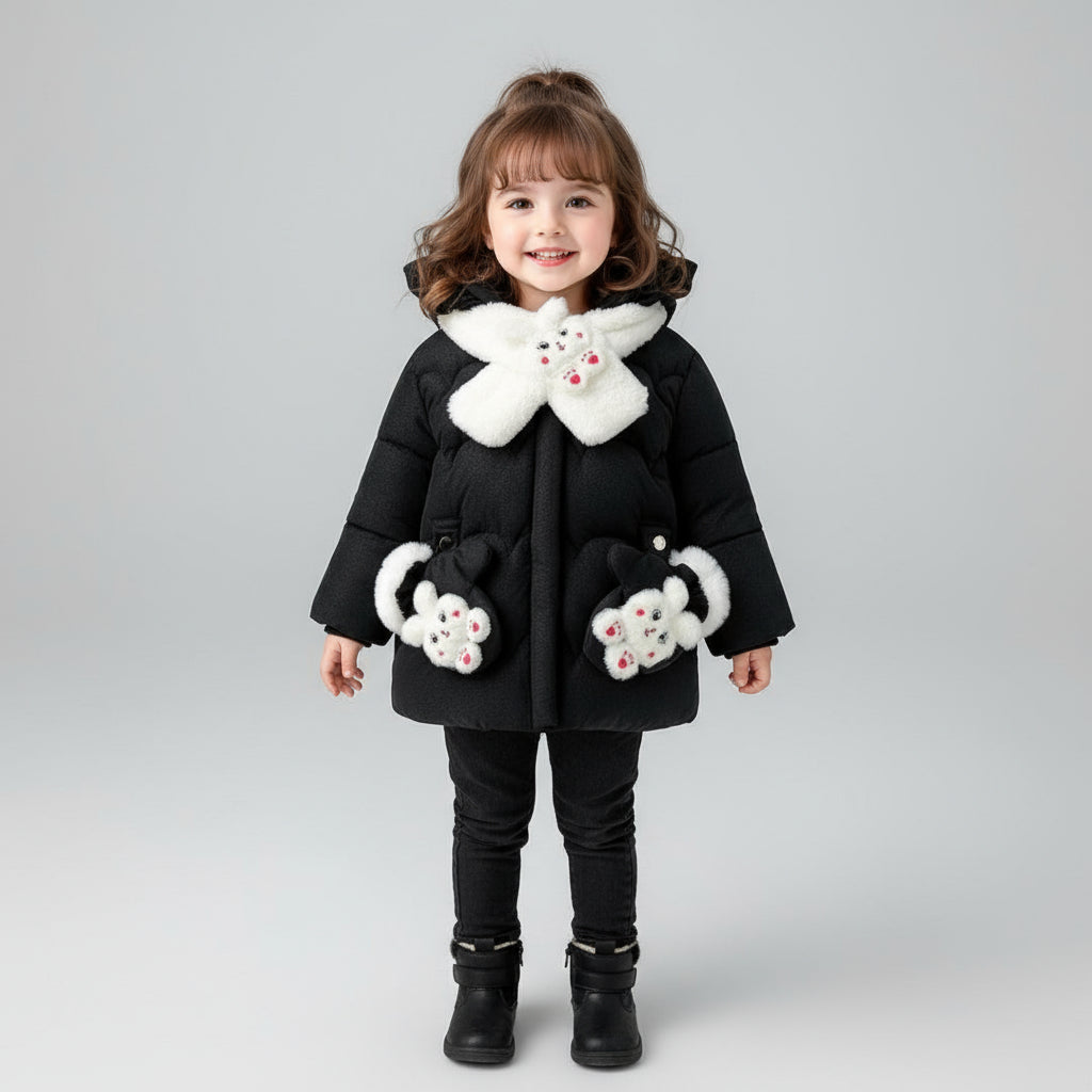 Children's black coat with white fur trim and cartoon character design