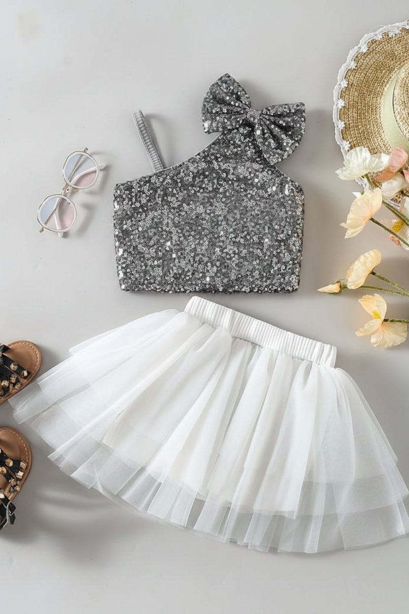 Midnight Sparkle One-Shoulder Top & Tulle Skirt Set