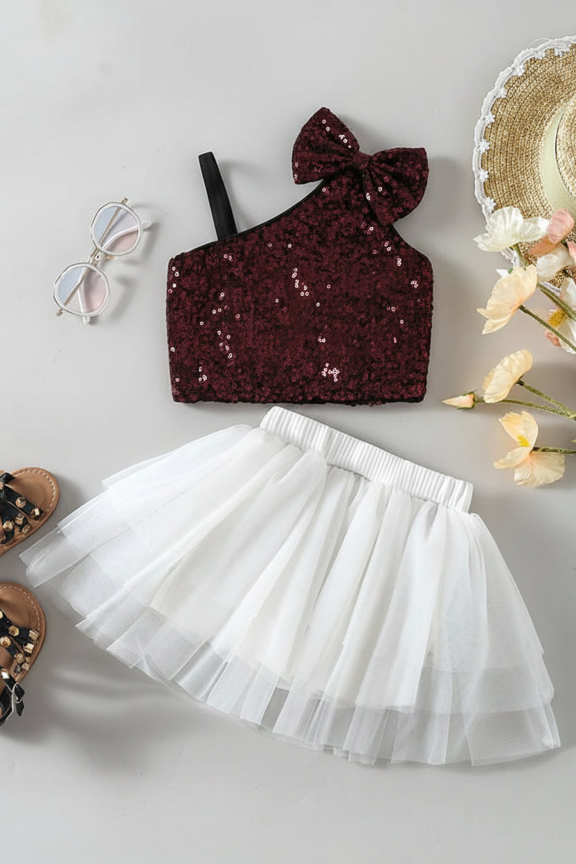 Maroon sequin crop top with bow and white tulle skirt 