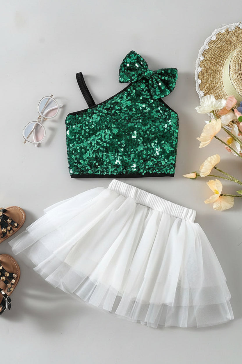 Sea green sequin crop top with bow and white tulle skirt 