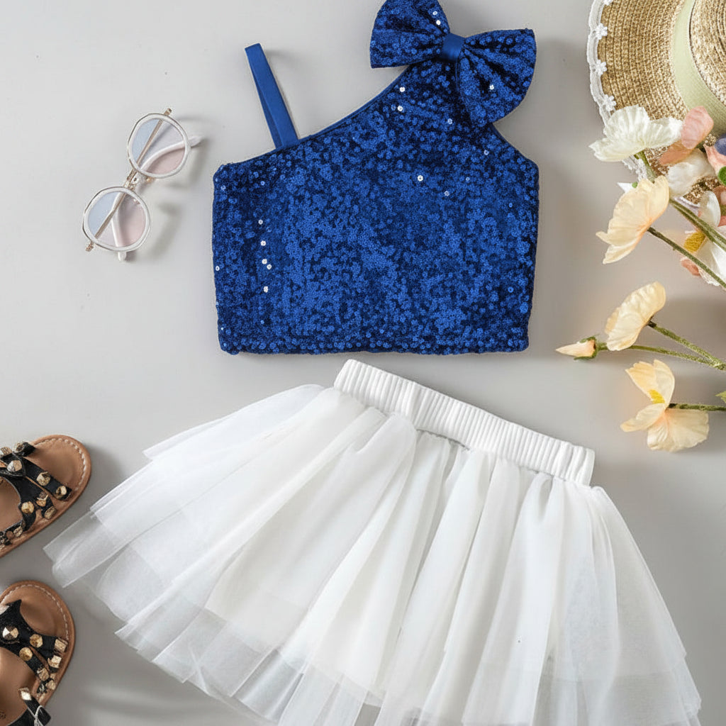 Royal blue sequin crop top with bow and white tulle skirt 