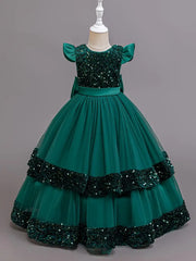 Girls Sequin Pageant Dress with Butterfly Sleeves – Full-Length Maxi Frock with Back Bow (Ages 1–12) | Eid, Wedding & Birthday Outfit