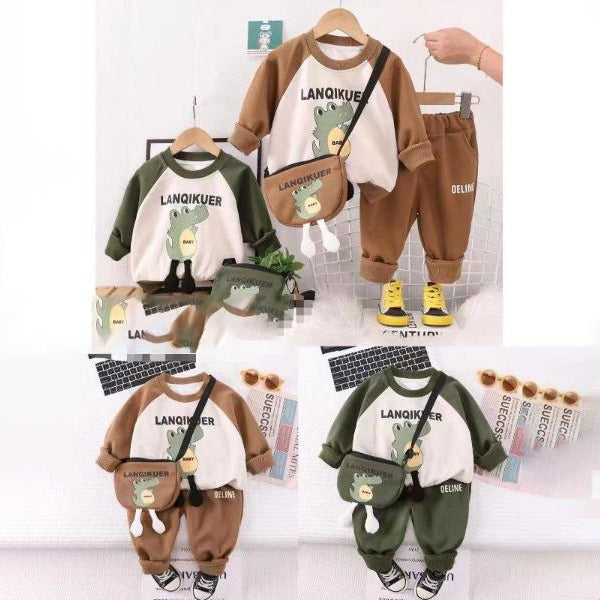 Superior Quality Little Dino 3 Piece Shirt Pants with Bag Boys Winter Dress