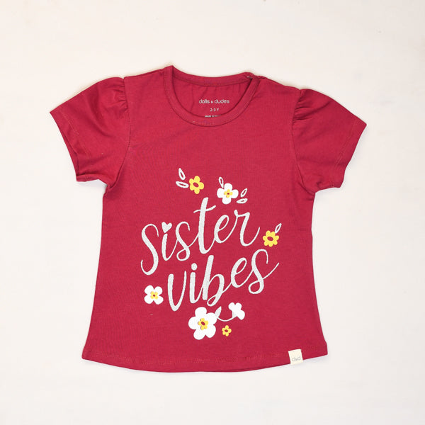 Girl Half Sleeves Cherry Red Round Neck Sister Vibes T Shirt