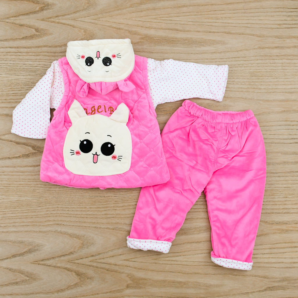 3 Piece Heavy Quilted Baby Girl Kitty Dress