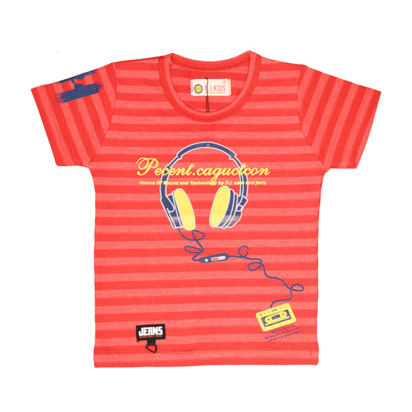 Boys Red Self Pattern Striped T-Shirt