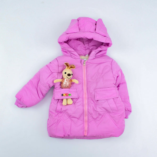 Girls Hooded Puffer Jacket With Toy Bear