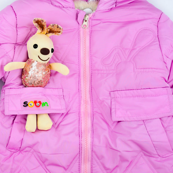 Girls Hooded Puffer Jacket With Toy Bear