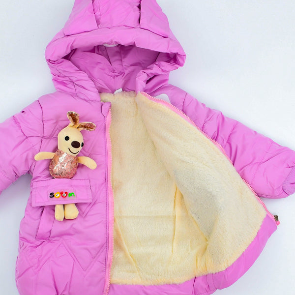 Girls Hooded Puffer Jacket With Toy Bear