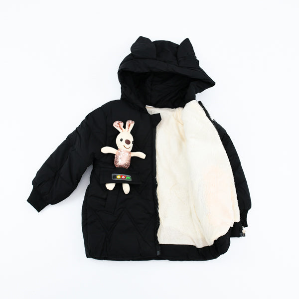 Girls Hooded Puffer Jacket With Toy Bear