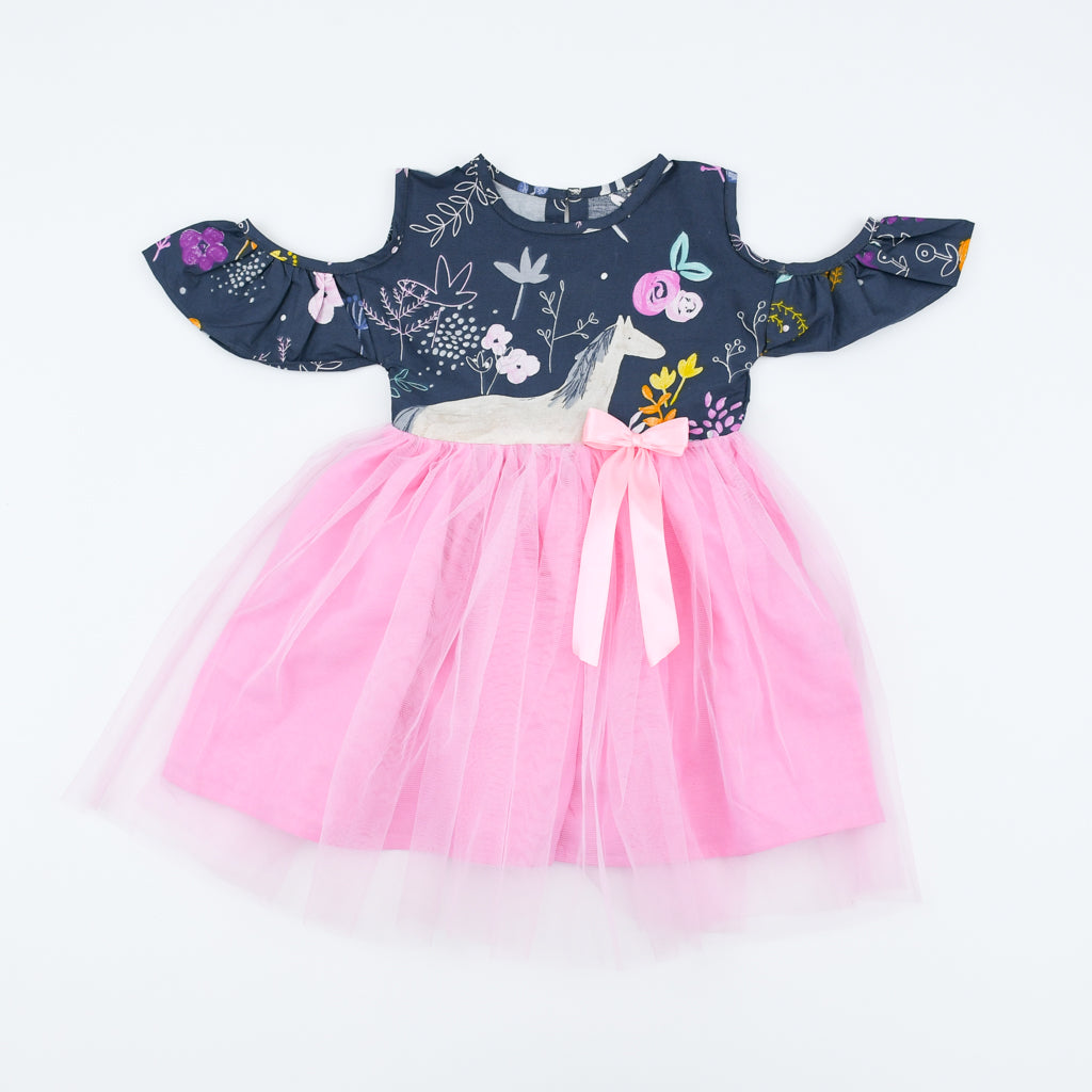 Cold Shoulder Cotton Mesh Tutu Frock