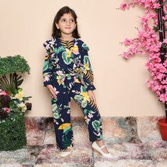 Botanical Print Ruffle Trim Girls Jumpsuit