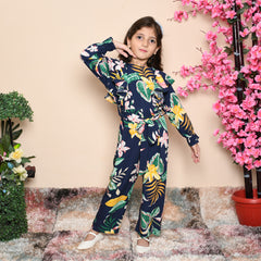 Botanical Print Ruffle Trim Girls Jumpsuit