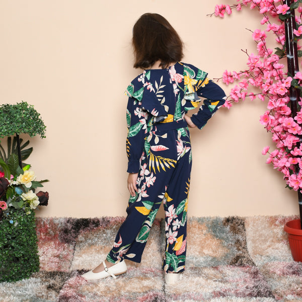 Botanical Print Ruffle Trim Girls Jumpsuit