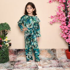 Botanical Print Ruffle Trim Girls Jumpsuit