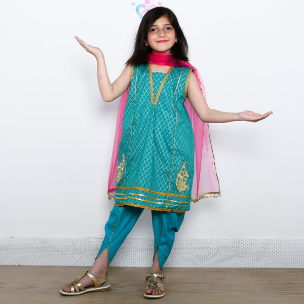 Girls Panel Shirt, Tulip Shalwar & Dupata Dress