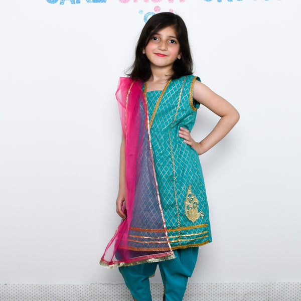 Girls Panel Shirt, Tulip Shalwar & Dupata Dress