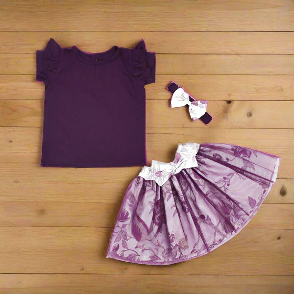 Ruffle Sleeves Top Mesh Overlay Skirt & Headband Girls Dress