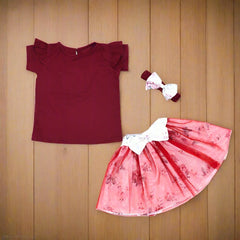 Ruffle Sleeves Top Mesh Overlay Skirt & Headband Girls Dress