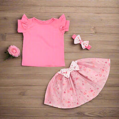 Ruffle Sleeves Top Mesh Overlay Skirt & Headband Girls Dress