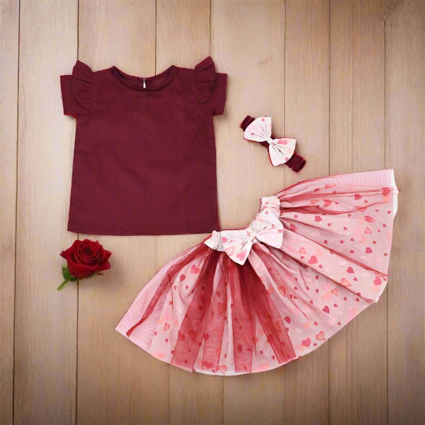 Ruffle Sleeves Top Mesh Overlay Skirt & Headband Girls Dress