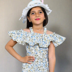 Off Shoulder Ruffle Floral Print Girl Summer Frock With Hat