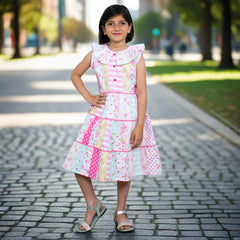 Digital Print Multi Layered Sleeveless Girl Summer Frock