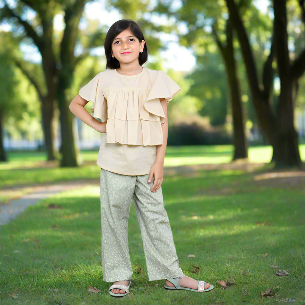 Flutter Sleeves Front Frilled Top and Straight Pants 2 Piece Girl Dress Set