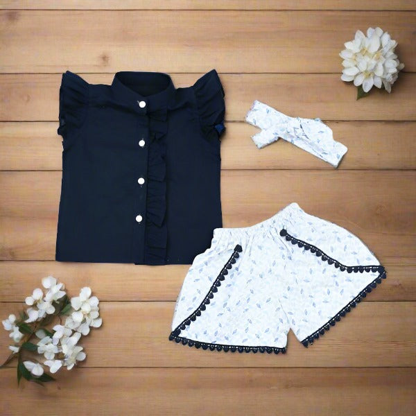Flutter Sleeves Girls 3 Piece Top, Shorts Headband Set