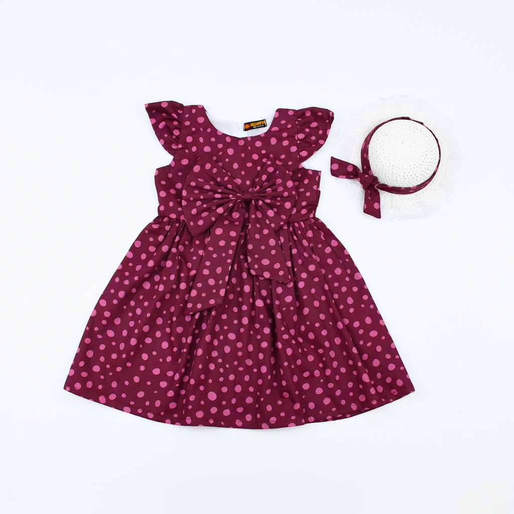 Polka Dots Front Bow Girl Summer Frock With Hat