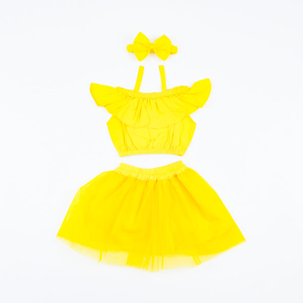 Ruffle Trim Tube Top & Mesh Overlay Skirt & Headband Girls Dress