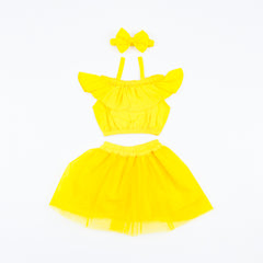 Ruffle Trim Tube Top & Mesh Overlay Skirt & Headband Girls Dress