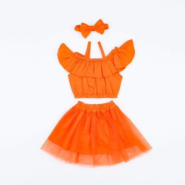 Ruffle Trim Tube Top & Mesh Overlay Skirt & Headband Girls Dress