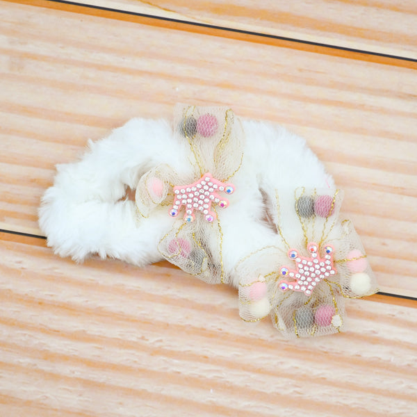 Crown Stylish & Fashionable Fancy Faux Fur Girls Hair Scrunchies Set