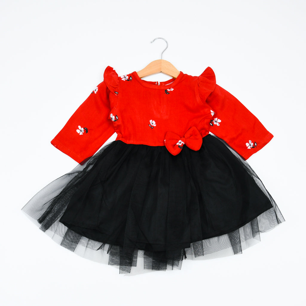 Long Sleeves Ruffle Splicing Mesh Bow Girls Frock