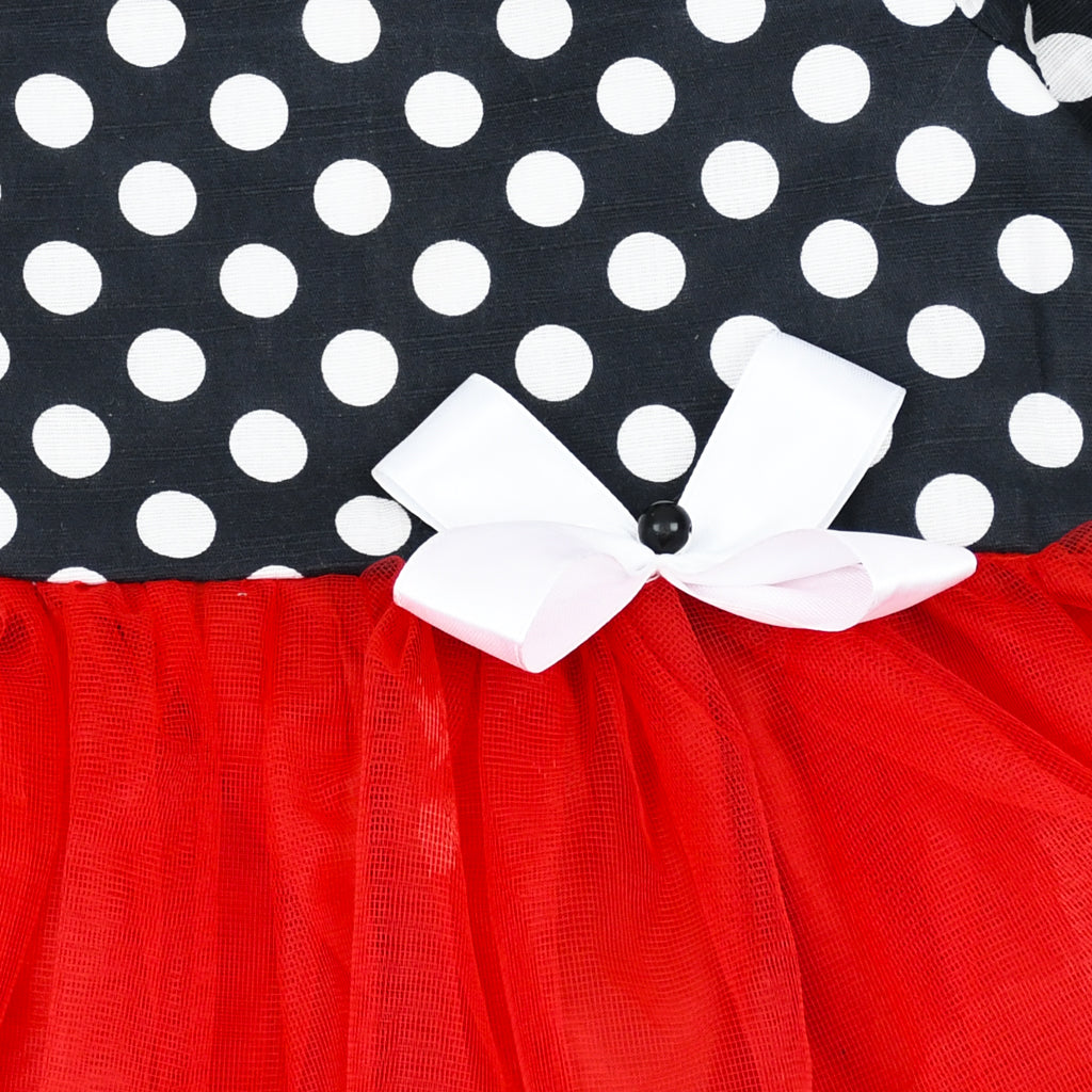 Polka Dots Minnie Long Sleeves Ruffle Splicing Mesh Bow Frock