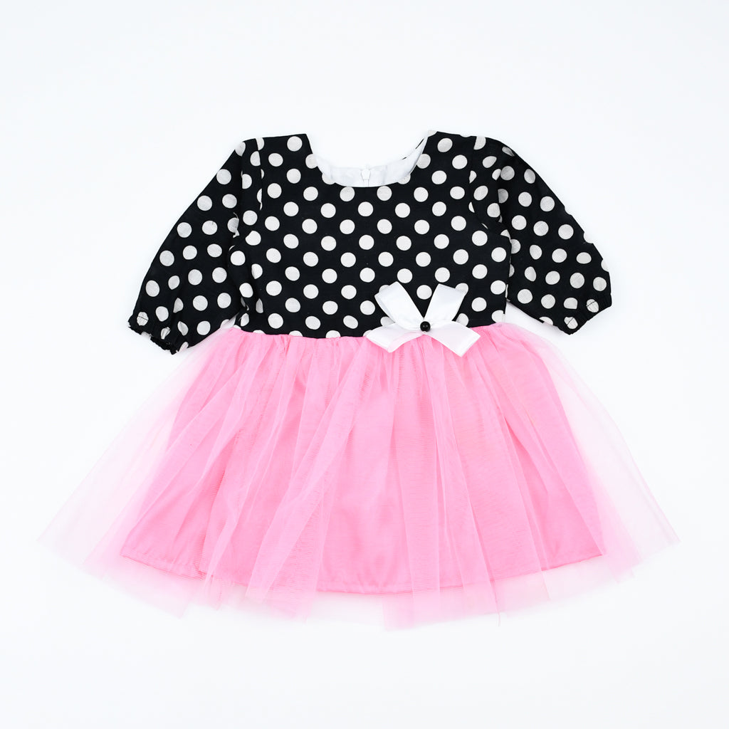 Polka Dots Minnie Long Sleeves Ruffle Splicing Mesh Bow Frock