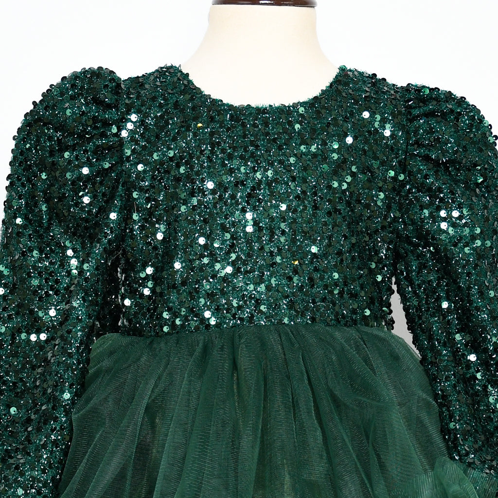 Puff Sleeves Sequin Knee Length Big Back Pageant Frock