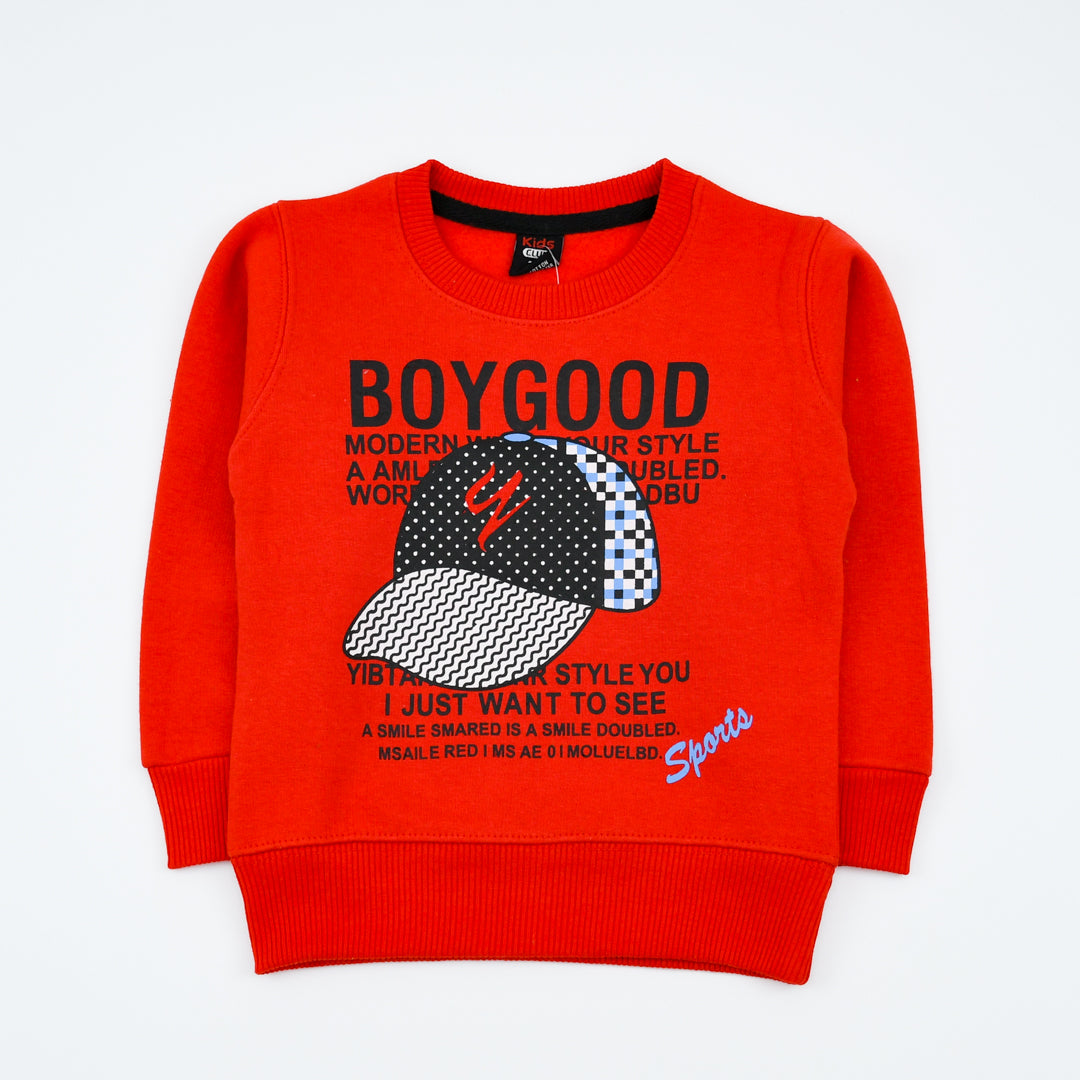 Red sweatshirt with graphic design and text.