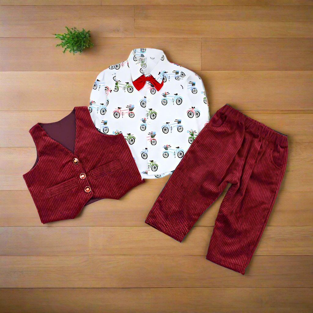 Bow Tie Printed Shirt Pants Waistcoat 3 Piece Boys Dress