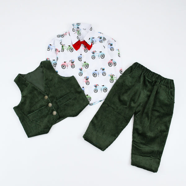 Bow Tie Printed Shirt Pants Waistcoat 3 Piece Boys Dress