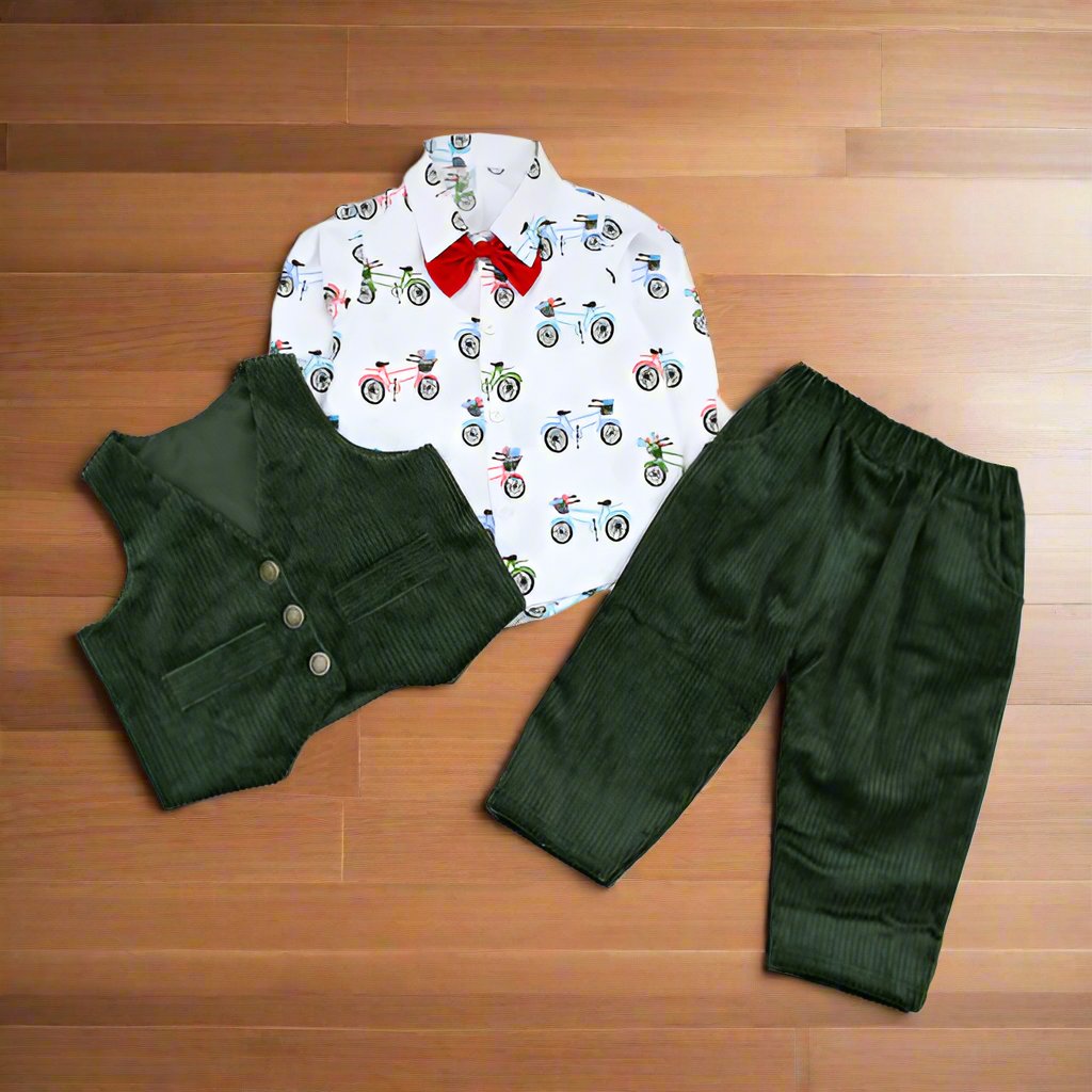 Bow Tie Printed Shirt Pants Waistcoat 3 Piece Boys Dress