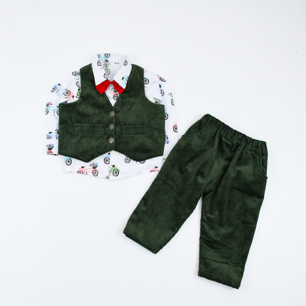 Bow Tie Printed Shirt Pants Waistcoat 3 Piece Boys Dress